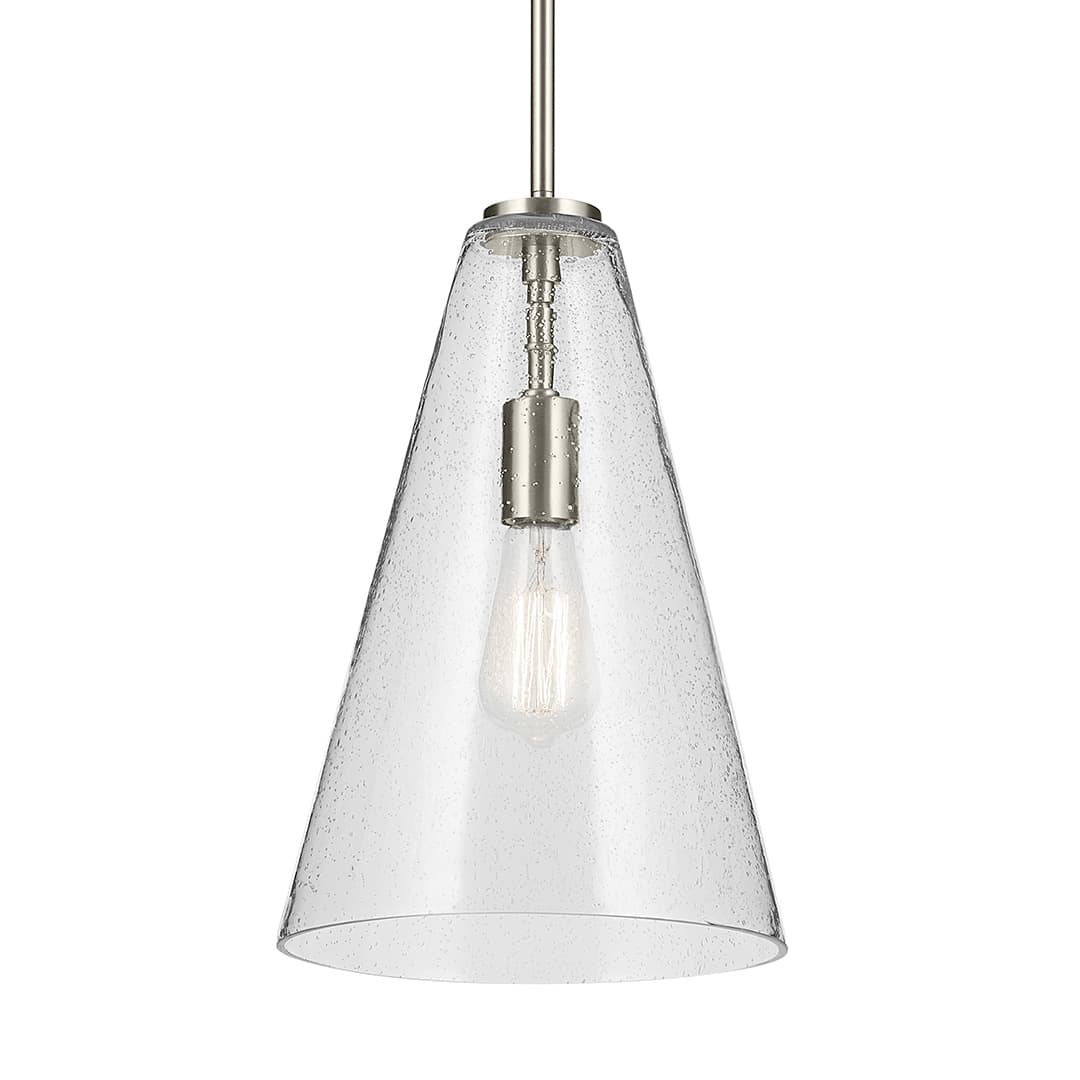 The Everly 15.25" 1-Light Cone Pendant with Clear Seeded Glass in Brushed Nickel on a white background