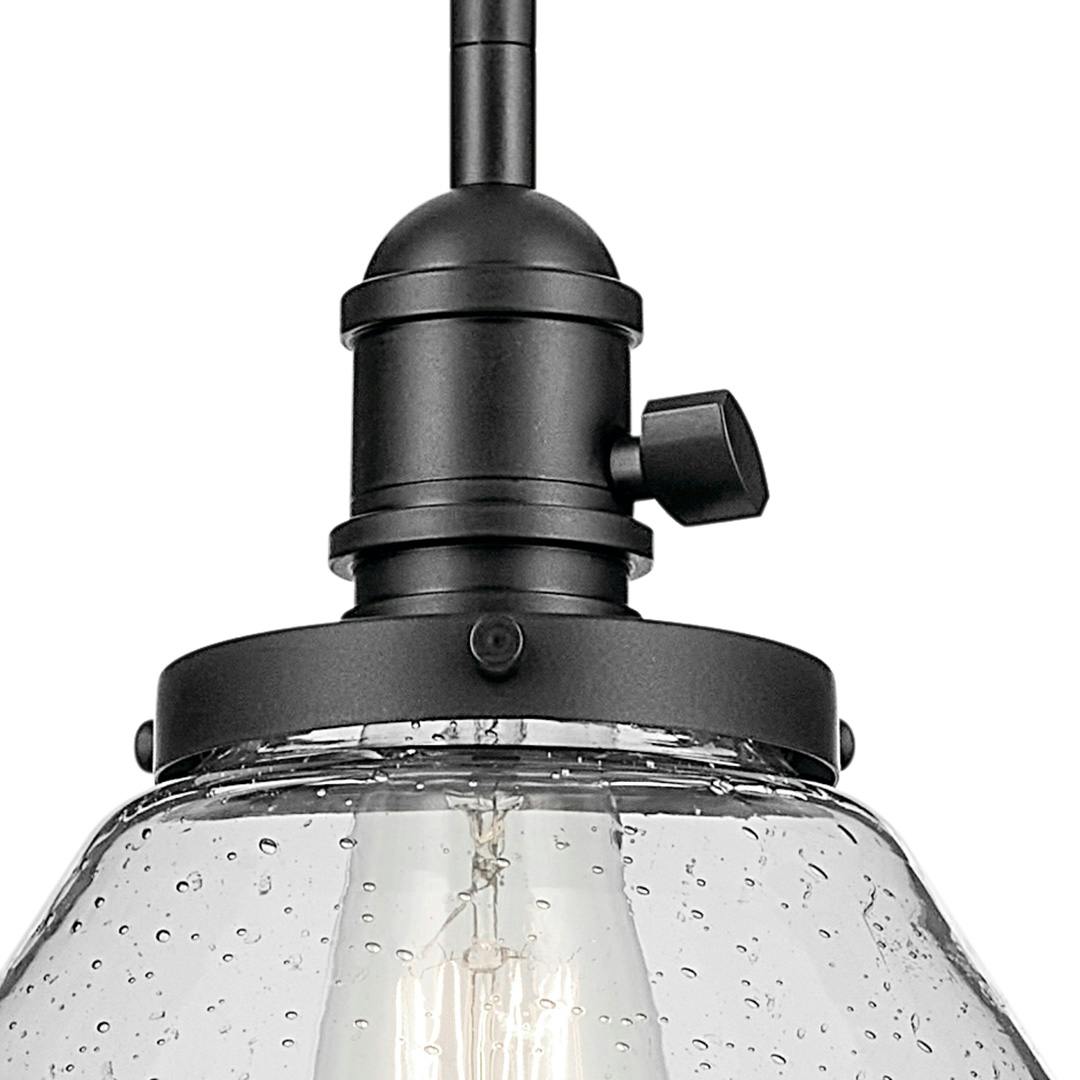 Close up view of the Avery 11.75" 1-Light Cone Pendant with Clear Seeded Glass in Black on a white background