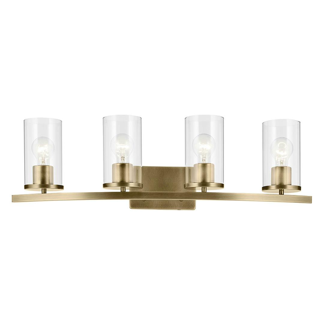 Front view of the Crosby 31.25" 4-Light Vanity Light with Clear Glass in Natural Brass on a white background