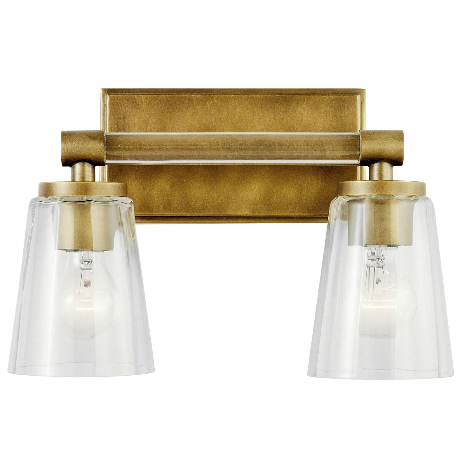 The Audrea 2 Light Vanity Light Natural Brass facing down on a white background