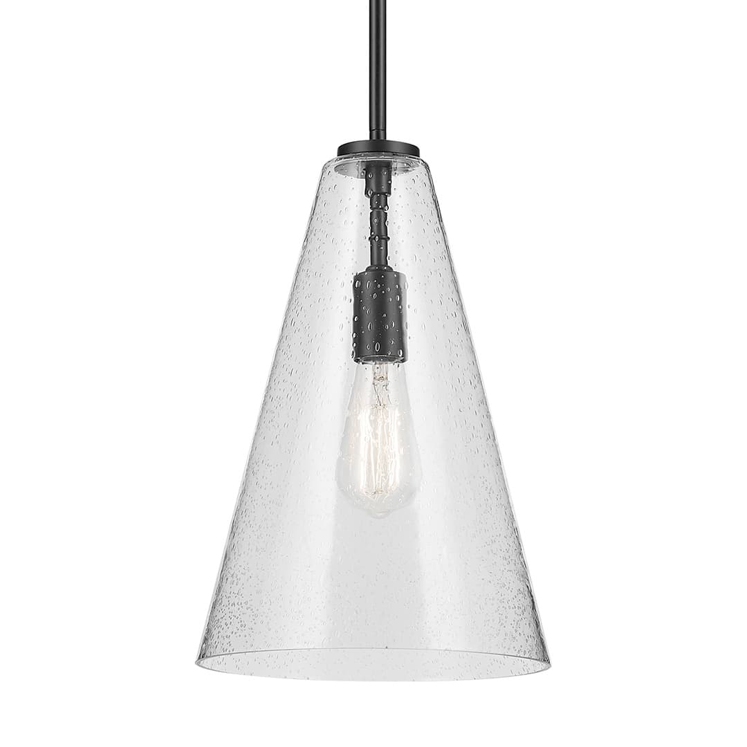 The Everly 15.25" 1-Light Cone Pendant with Clear Seeded Glass in Black on a white background