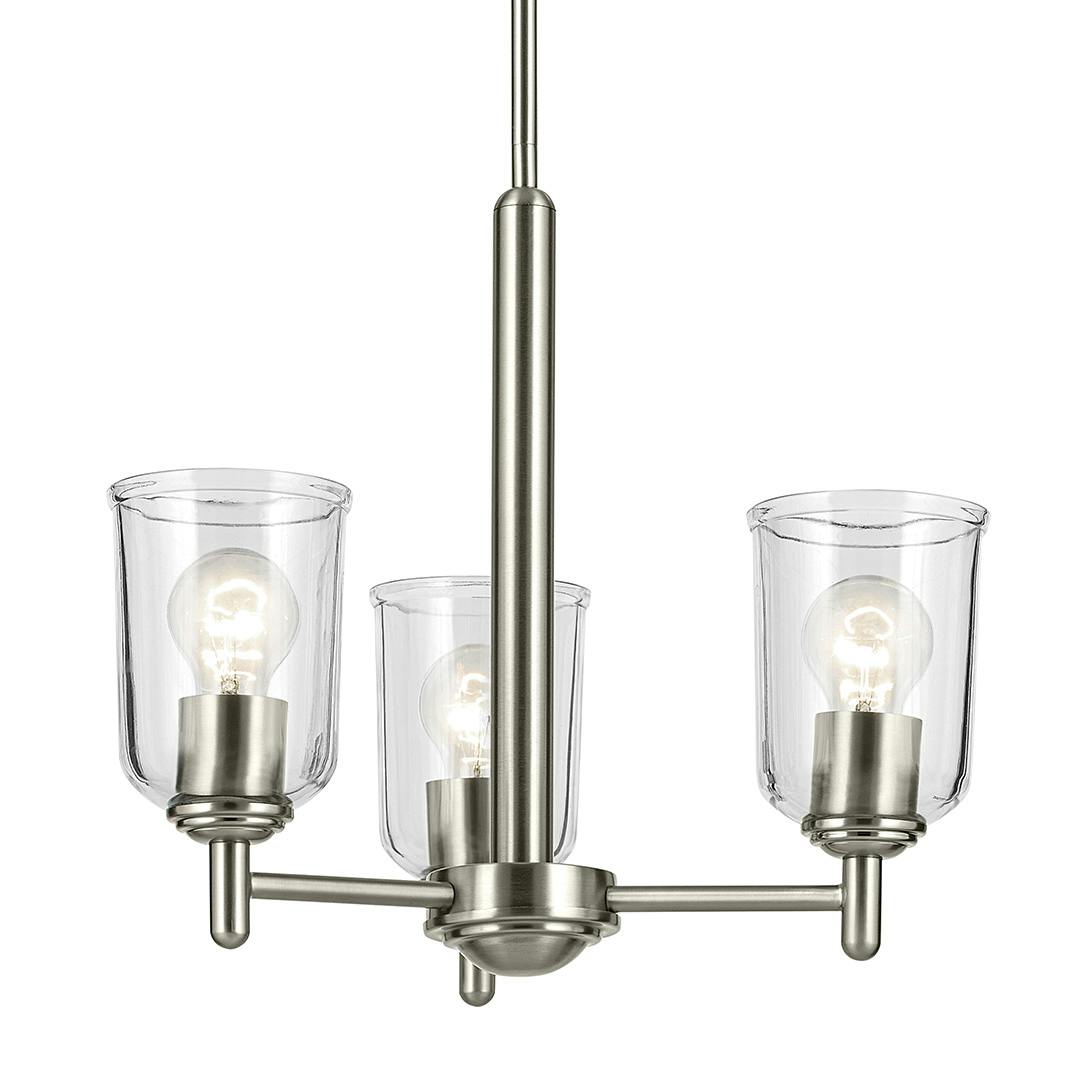 The Shailene 15.25" 3-Light Mini Chandelier with Clear Glass in Brushed Nickel on a white background