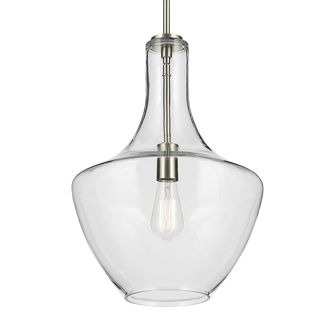 The Everly 19.75" 1-Light Bell Pendant with Clear Glass in Brushed Nickel on a white background