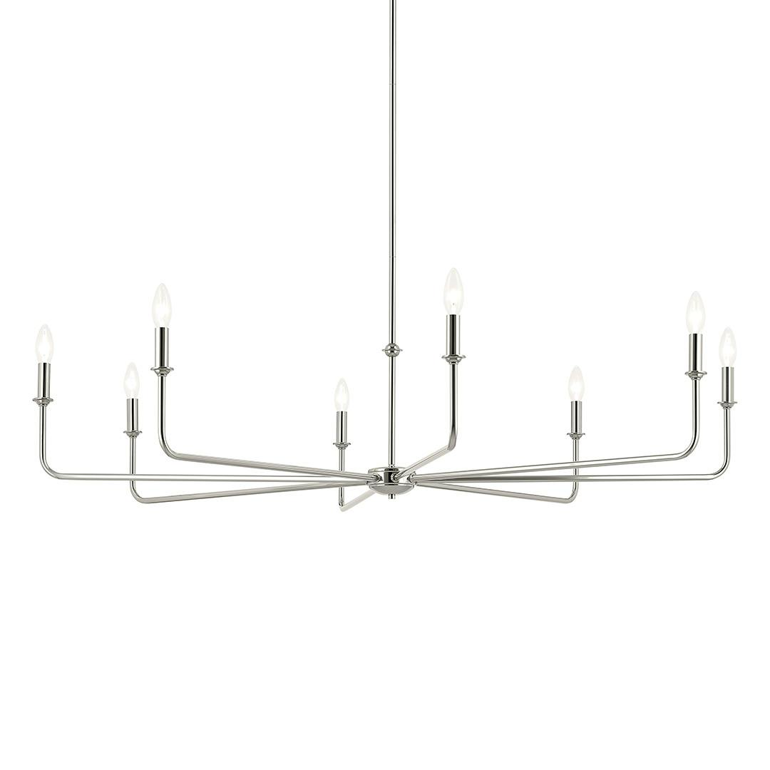 The Pallas 52" XL 8-Light Round Chandelier with White Linen Shade in Polished Nickel on a white background