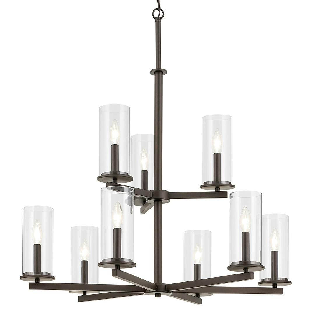 The Crosby 32.5" 9-Light 2-Tier Chandelier with Clear Glass in Olde Bronze on a white background