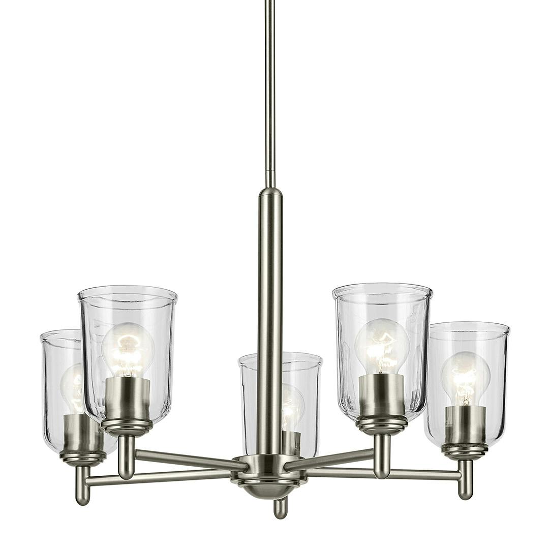 The Shailene 18.5" 5-Light Chandelier with Clear Glass in Brushed Nickel on a white background