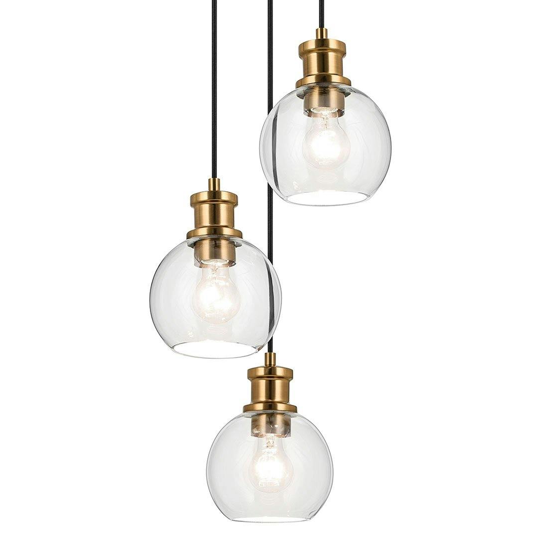 The Clove 3 Light Cluster Pendant in Black and Brushed Natural Brass on a white background