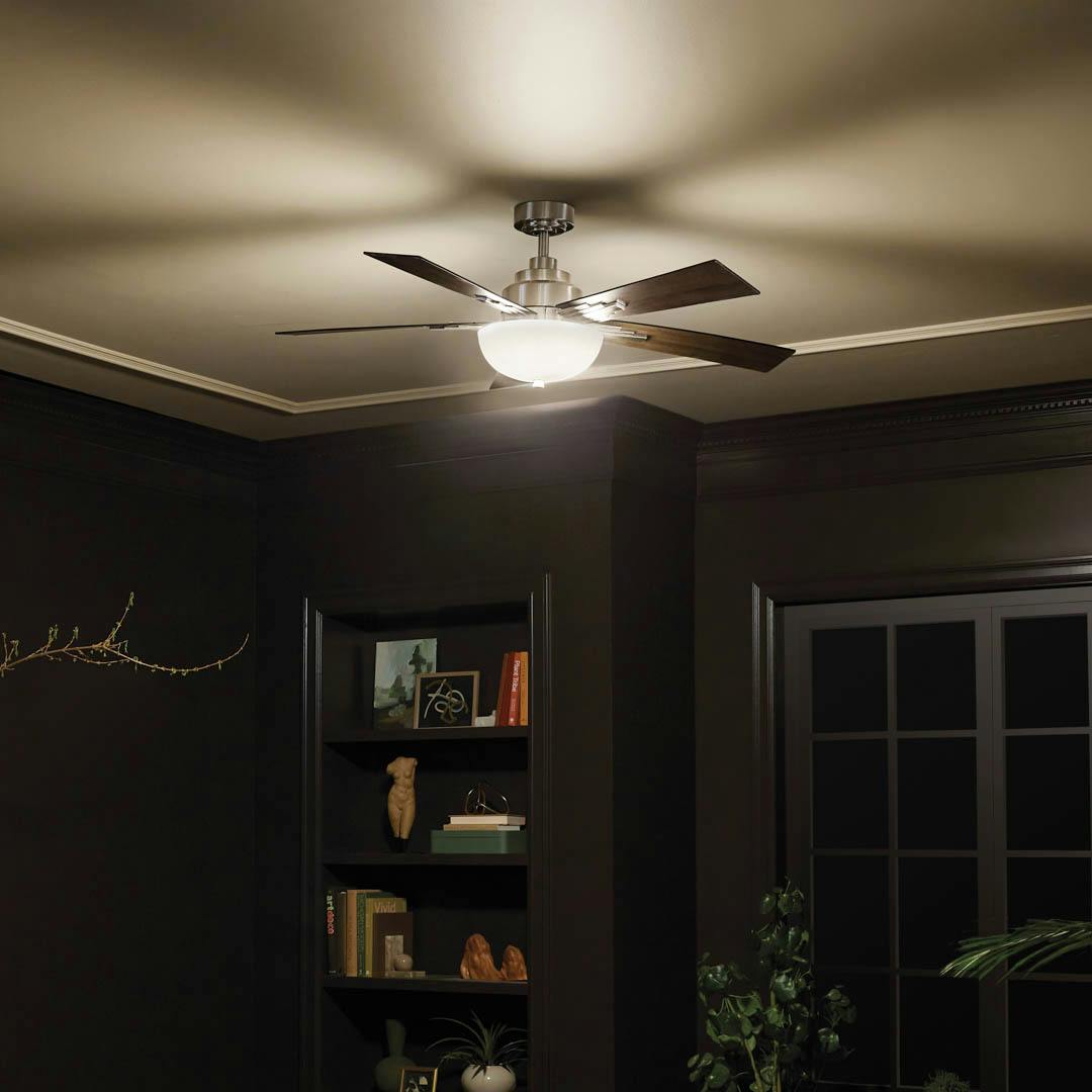 Night time living room with 52" Vinea 5 Blade LED Indoor Ceiling Fan Brushed Stainless Steel