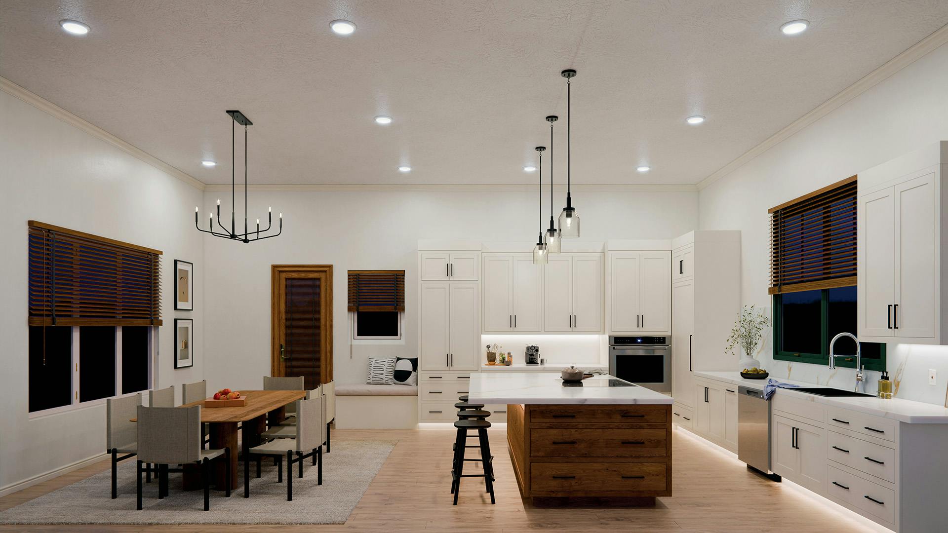 Gen select downlights featured in an large open kitchen at night