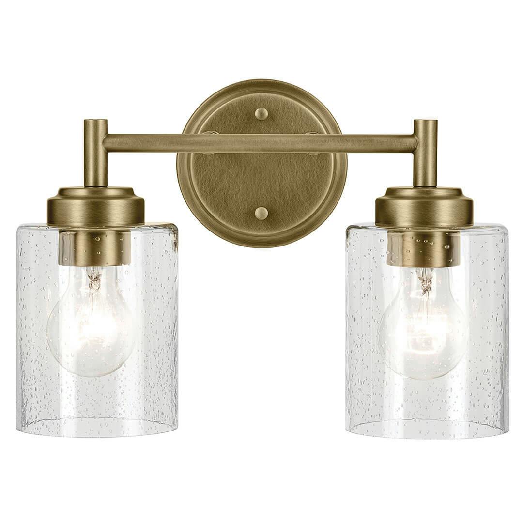 Front view of the Winslow 13" 2-Light Vanity Light in Natural Brass with glass down on a white background