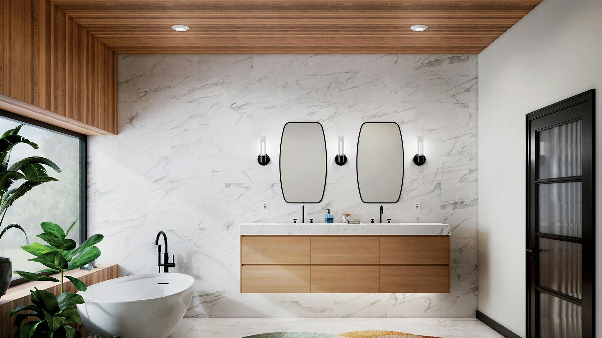 Marble and natural wood bathroom with Aviv wall sconces on the wall and Horizon select downlights