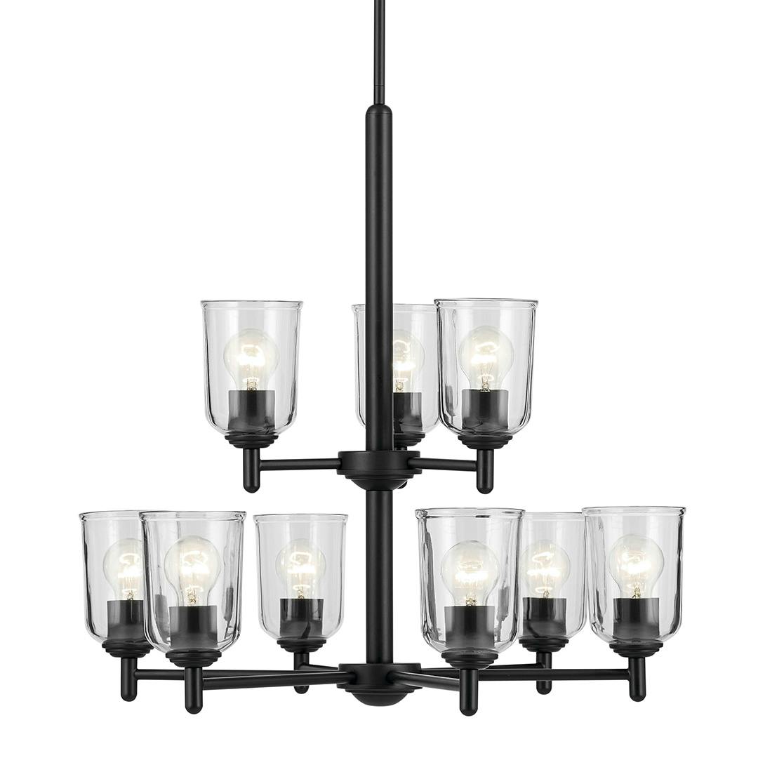 The Shailene 26.5" 9-Light 2-Tier Chandelier with Clear Glass in Black on a white background