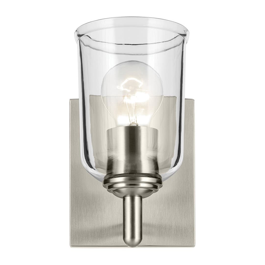 Front view of the Shailene 5" 1-Light Wall Sconce with Clear Glass in Brushed Nickel on a white background