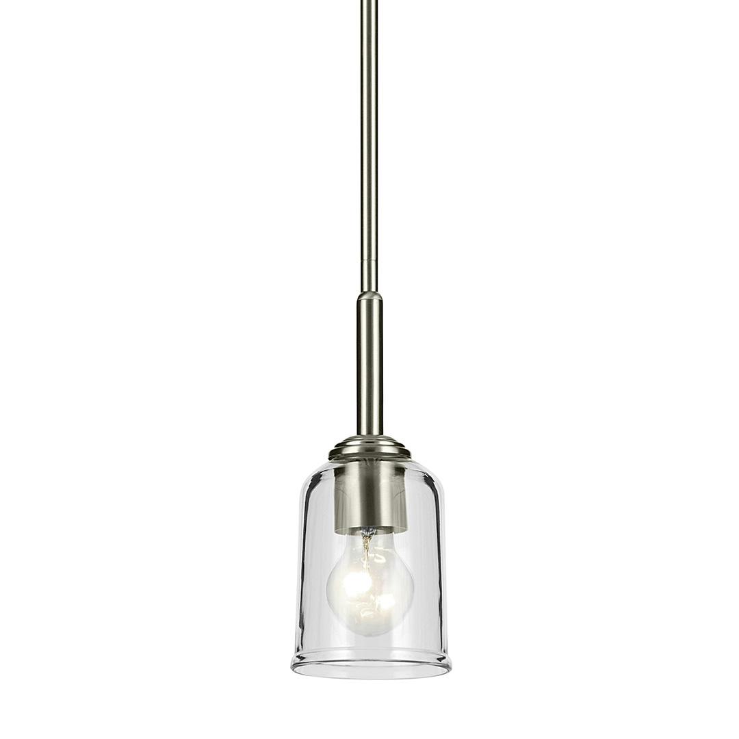 The Shailene 11.25" 1-Light Mini Bell Pendant with Clear Glass in Brushed Nickel on a white background