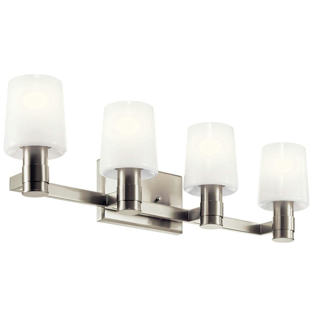 The Adani 30 Inch 4 Light Vanity Light with Opal Glass in Brushed Nickel on a white background