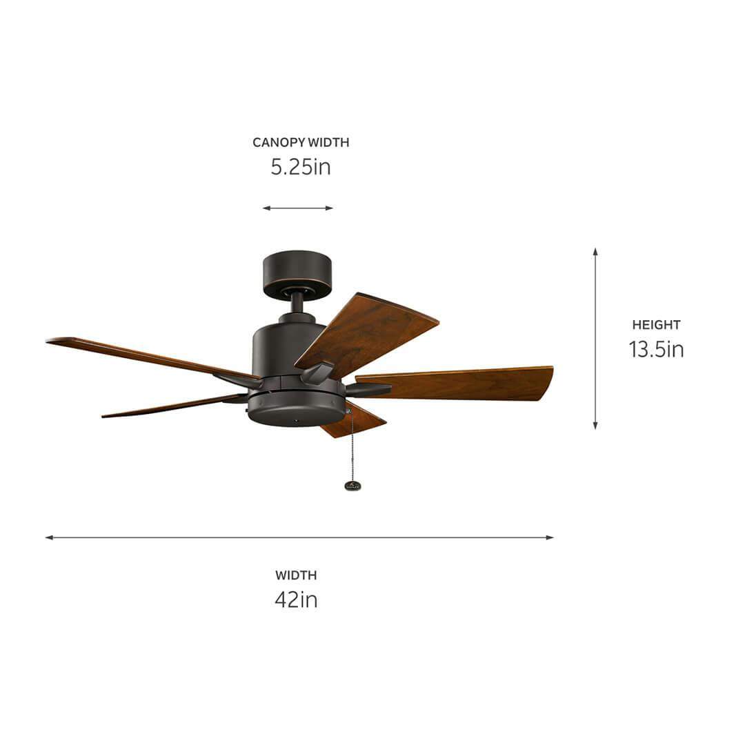 Bowen 42" Fan Olde Bronze® with dimensions on a white background