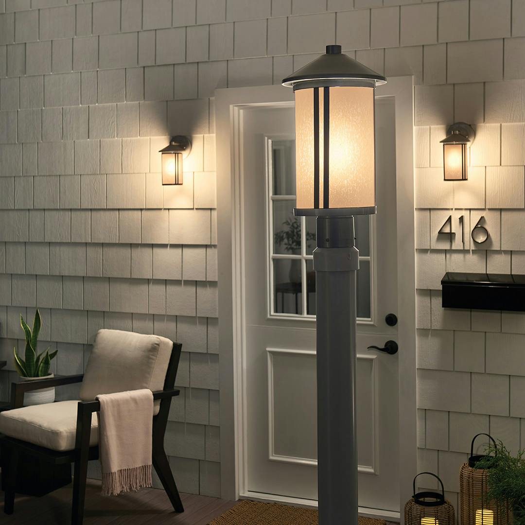 Night time Exterior with Lombard 17.25" 1 Light Post Lantern Brushed Aluminum