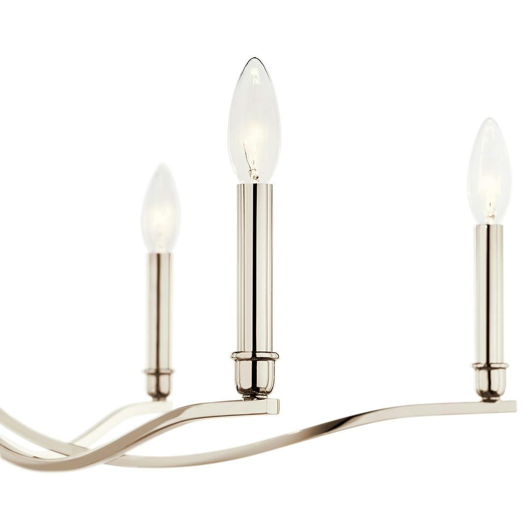 Close up of the Malene 42 Inch 6 Light Chandelier in Polished Nickel on a white background