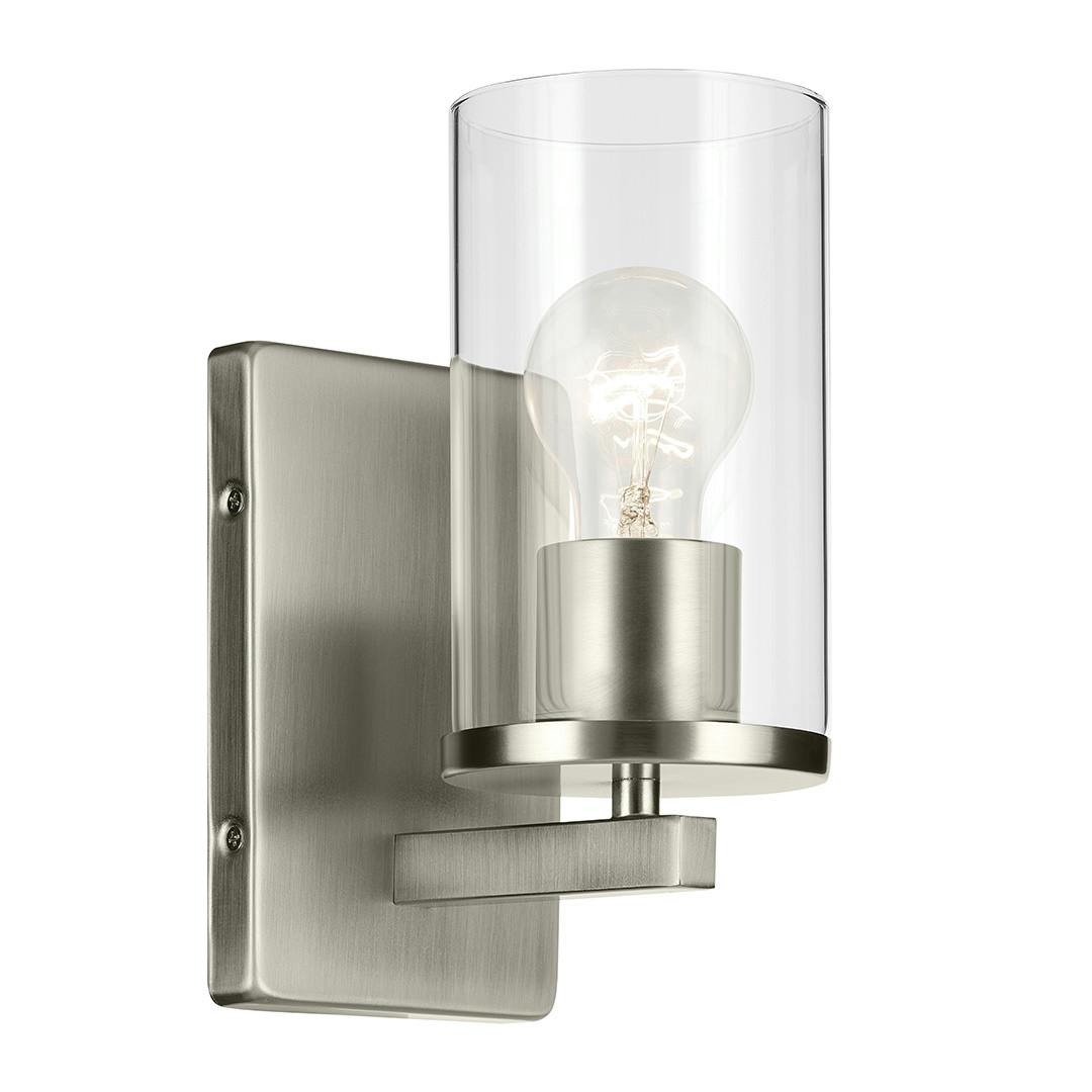 The Crosby 4.5" 1-Light Wall Sconce with Clear Glass in Brushed Nickel on a white background