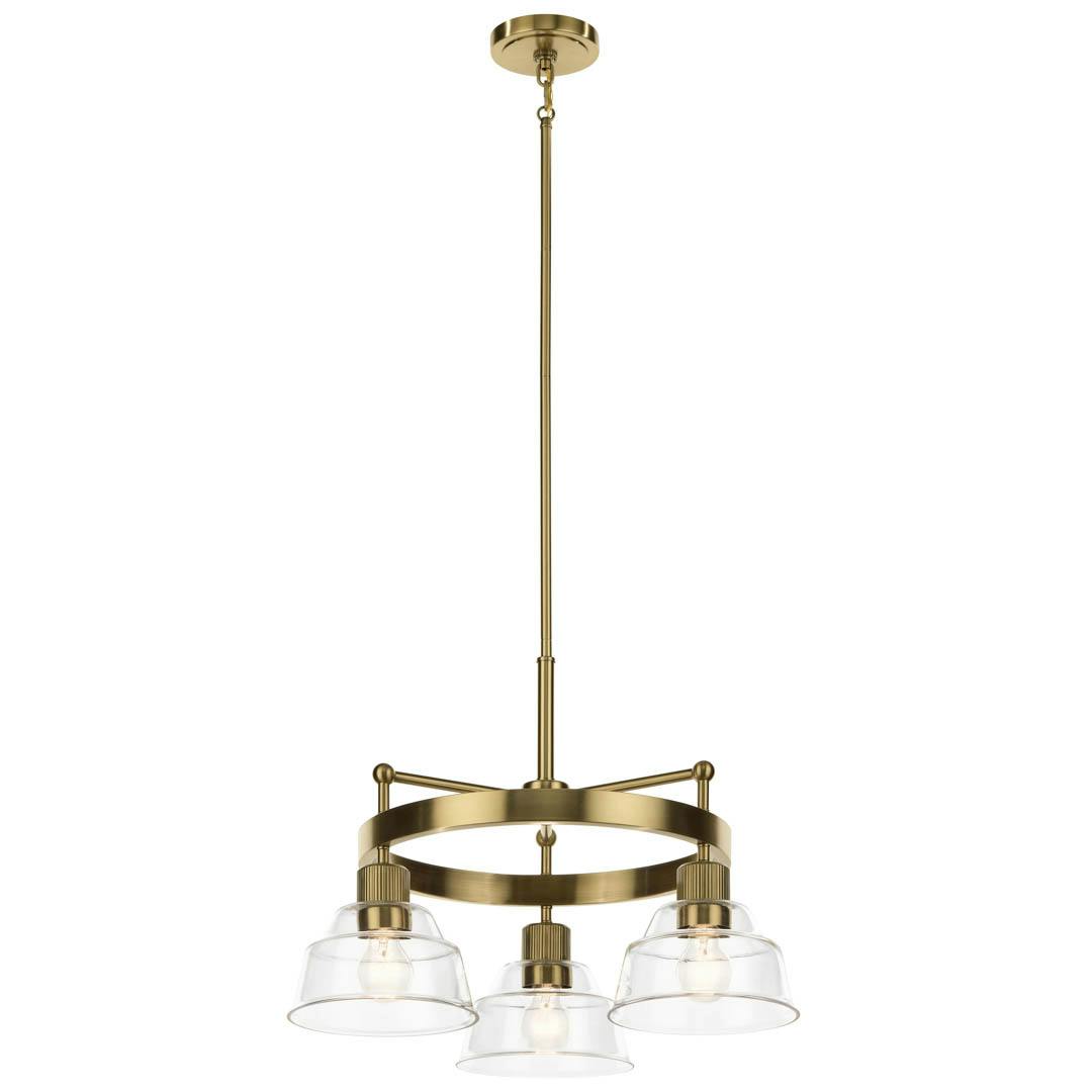 Eastmont™ 3 Light Chandelier Brushed Natural Brass and Walnut Wood on a white background