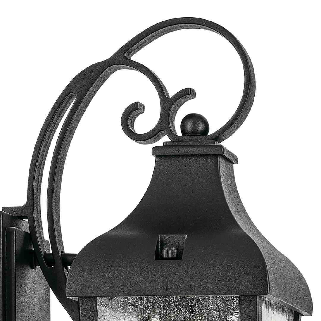 Close up view of the Forestdale 14.75" 1-Light Outdoor Wall Light in Textured Black on a white background