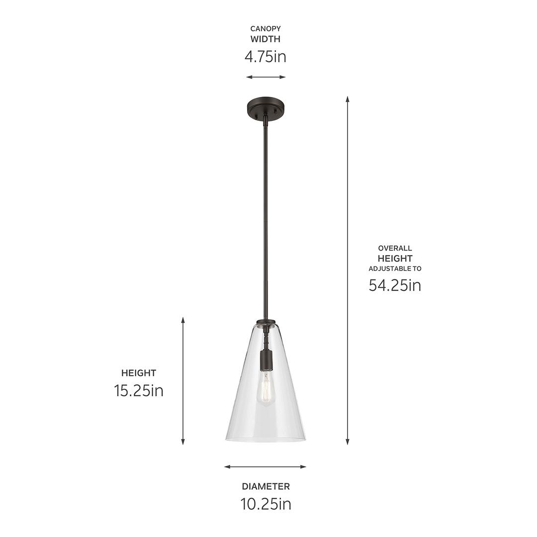 The Everly 15.25" 1-Light Cone Pendant with Clear Glass in Olde Bronze with dimensions on a white background