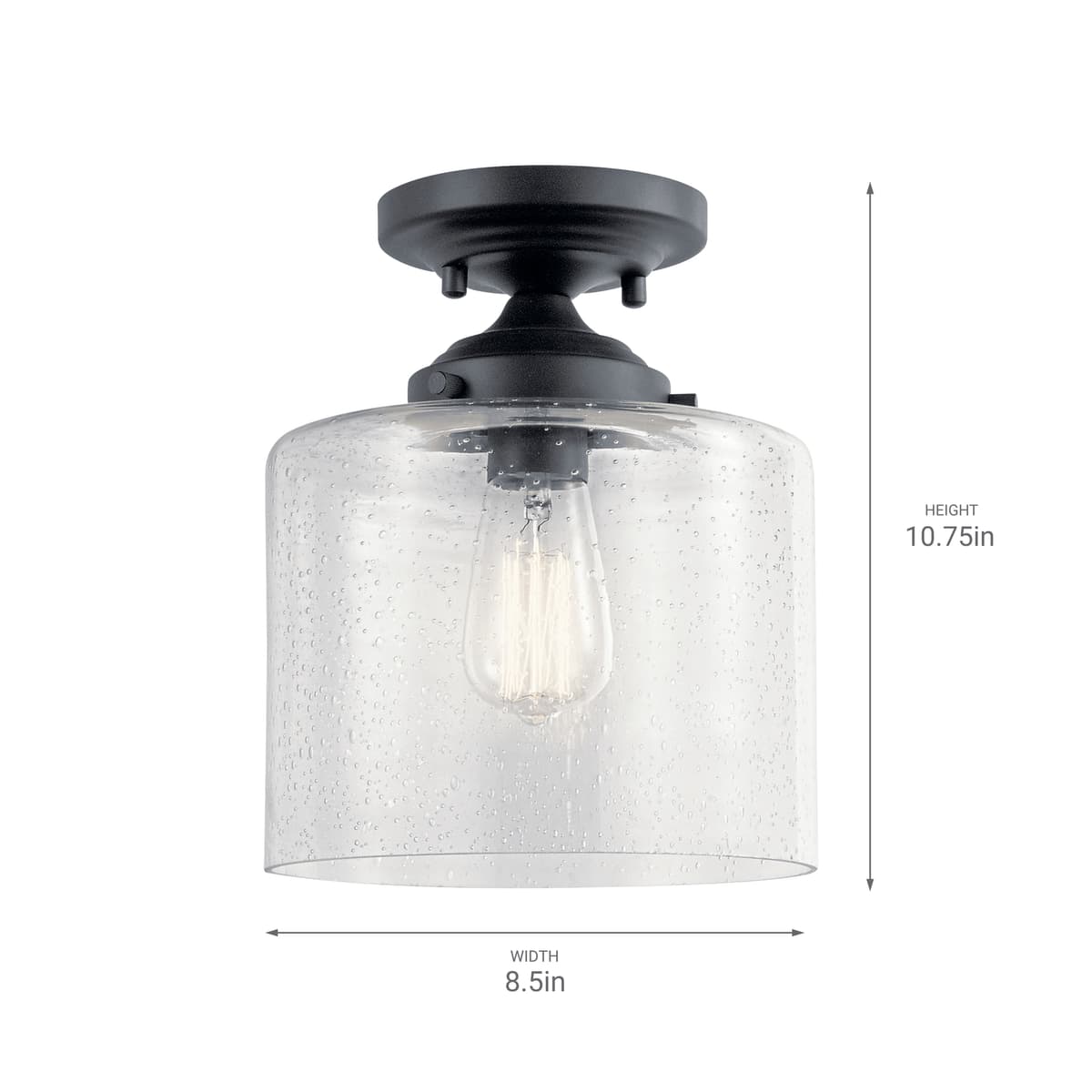 Winslow™ 1 Light Semi Flush Black on a white backgroud with dimensions