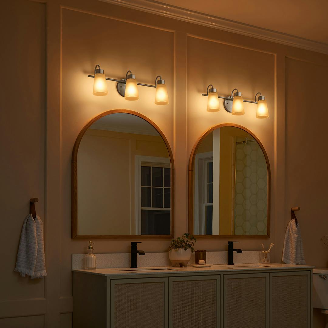 Night time Bathroom with Stamos 20" 3 Light Vanity Light Brushed Nickel