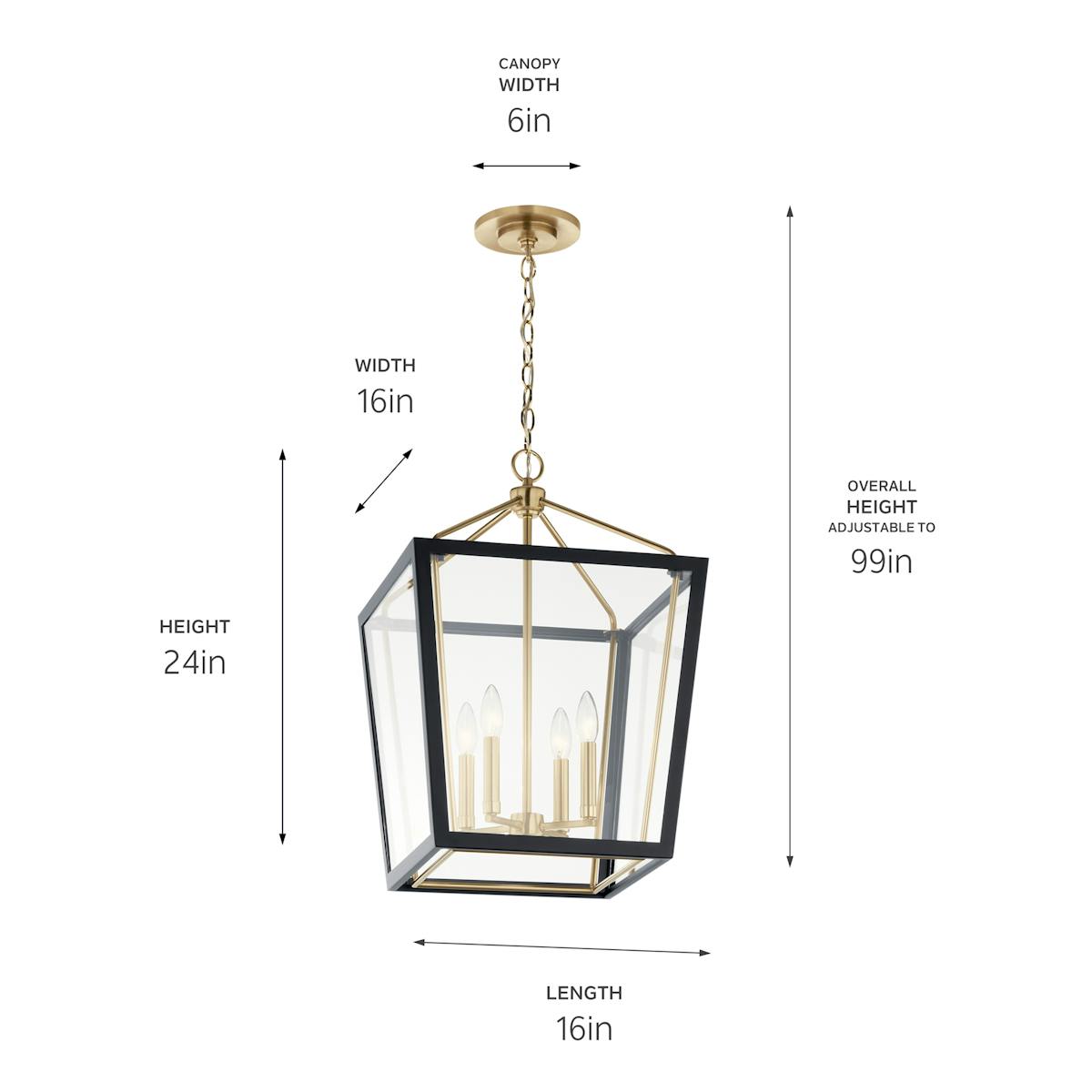 The Delvin 24 Inch 4 Light Pendant in Champagne Bronze and Black on a white background with dimensions