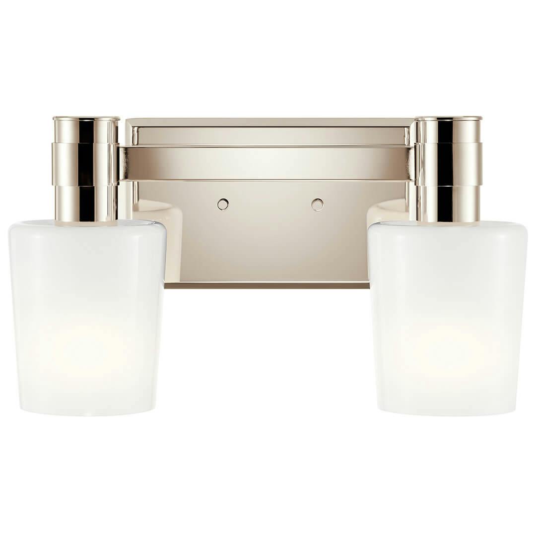 Front view of the Adani 14.5 Inch 2 Light Vanity Light with Opal Glass in Polished Nickel on a white background