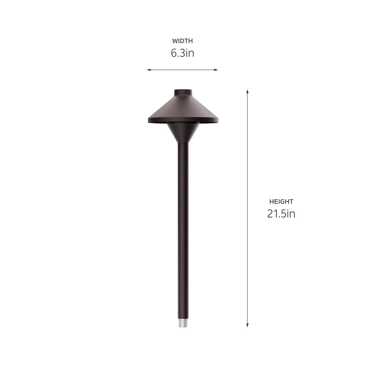 12V Adjustable Drop-In LED Path and Spread Light Kit in Textured Architectural Bronze on white with dimensions also in specs