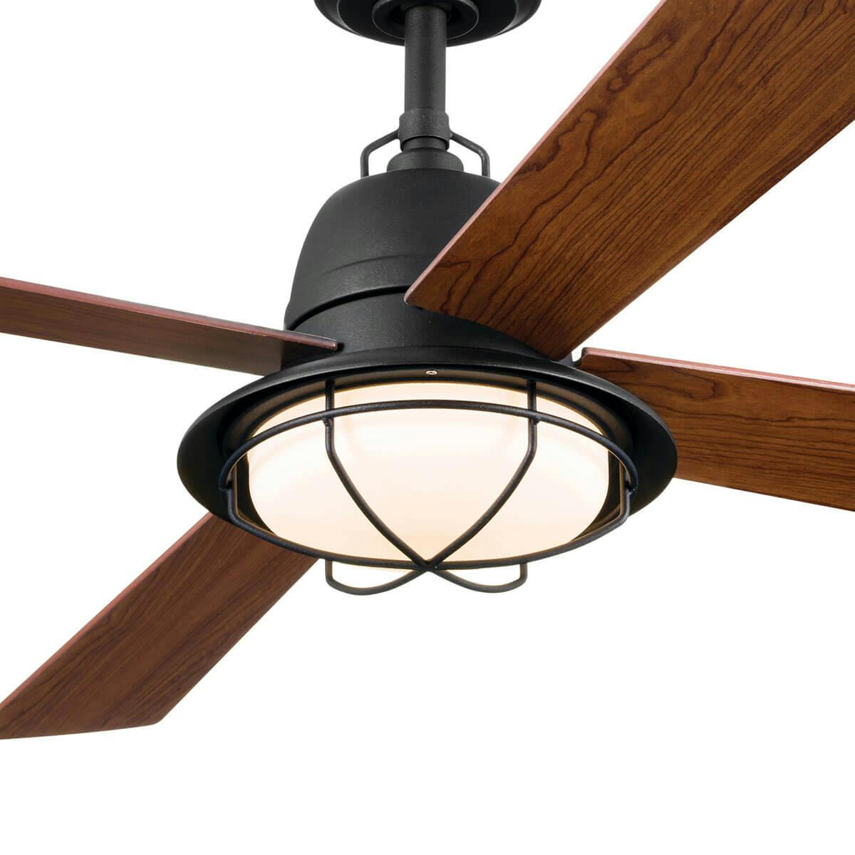 Close up of Outdoor ceiling fan 52 inch Parlour300320DBK in distressed black on a white background