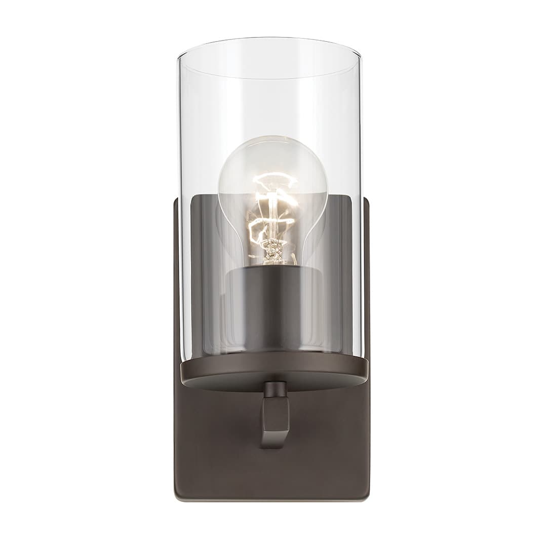 Front view of the Crosby 4.5" 1-Light Wall Sconce with Clear Glass in Olde Bronze on a white background