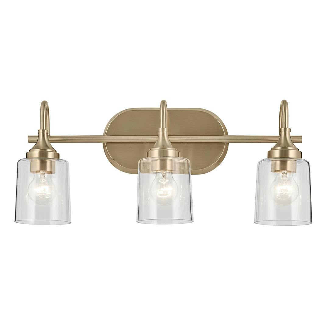 Front view of the Erta 24 In. 3-Light Champagne Bronze Vanity Light with Clear Glass Shades on a white background