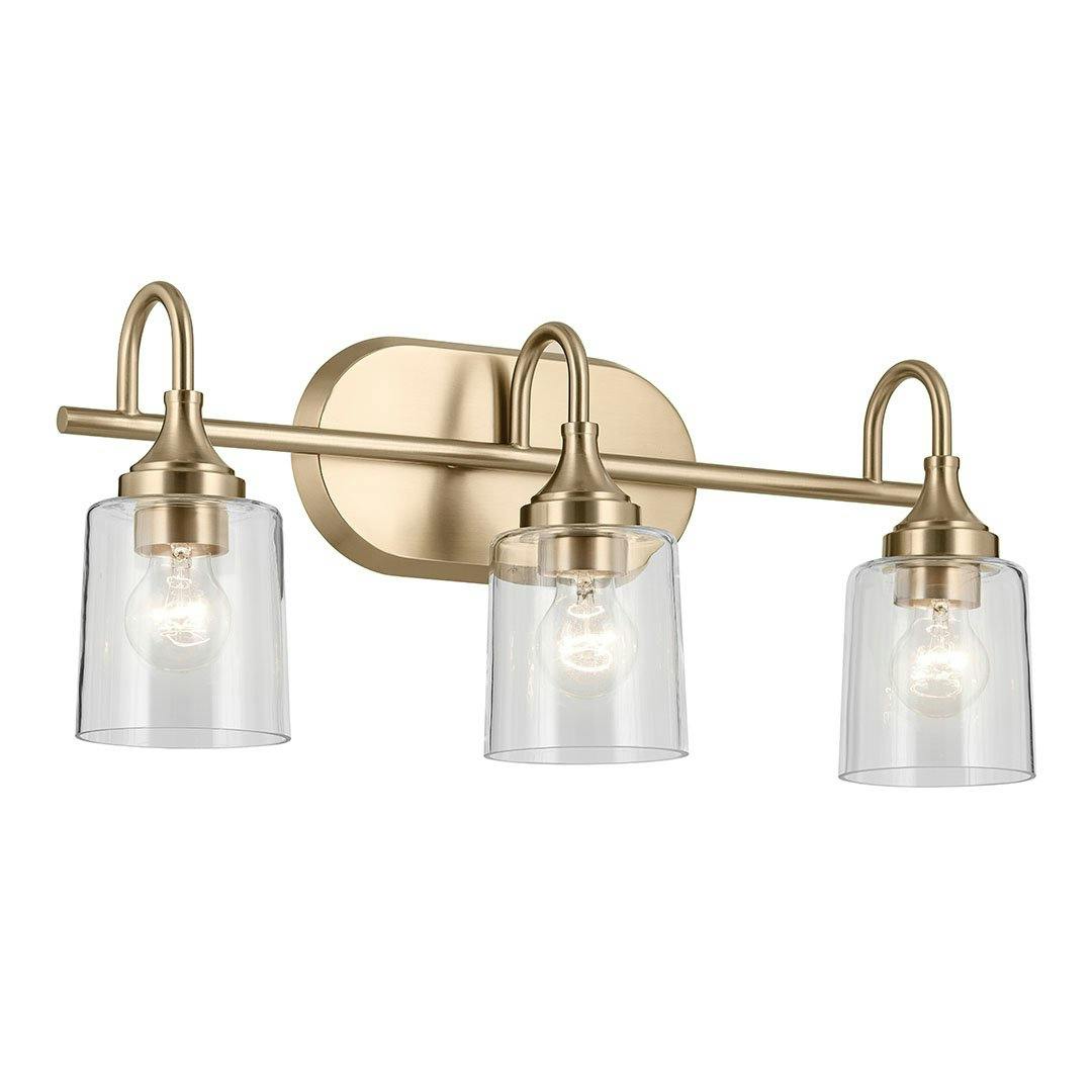 The Erta 24 In. 3-Light Champagne Bronze Vanity Light with Clear Glass Shades on a white background