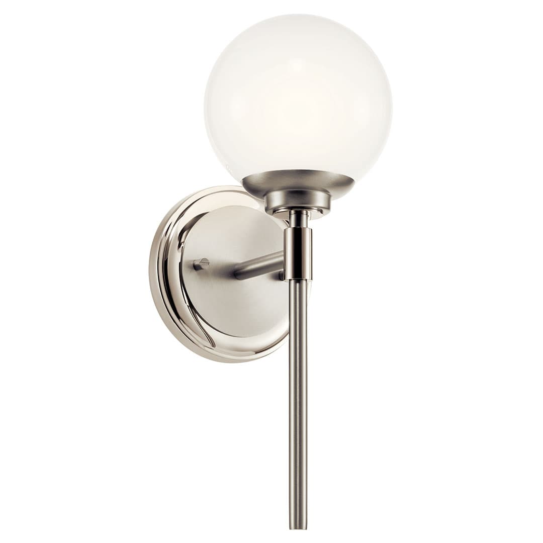 The Benno 13.75 Inch 1 Light Wall Sconce with Opal Glass in Polished Nickel and Brushed Nickel on a white background