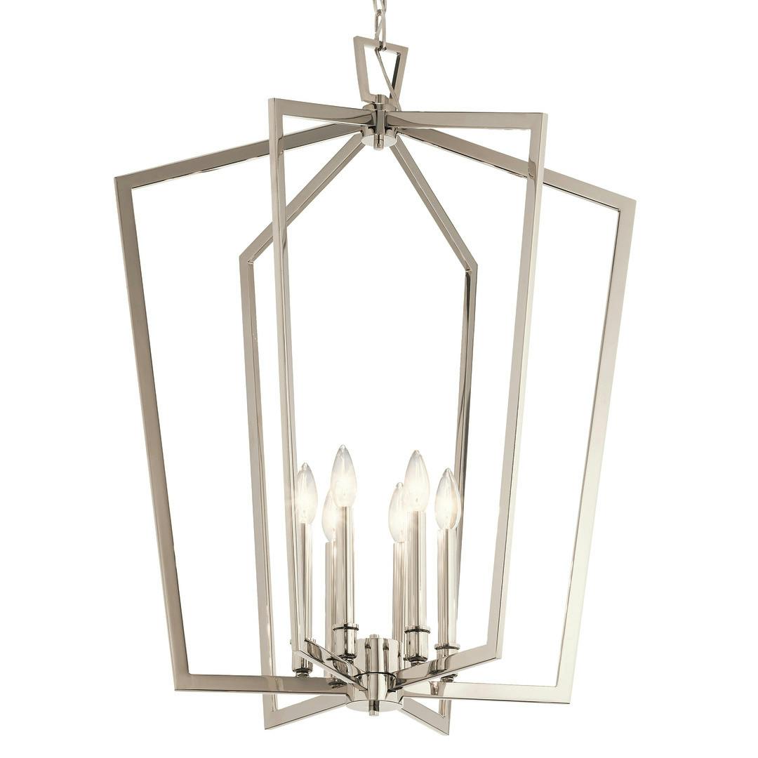 Close up of Abbotswell 6 Light Chandelier Nickel on a white background