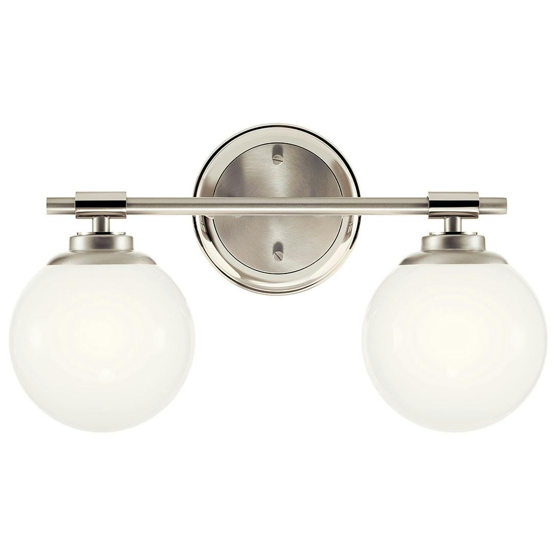 The Benno 14.75 Inch 2 Light Vanity Light in Polished Nickel and Brushed Nickel mounted down on a white background