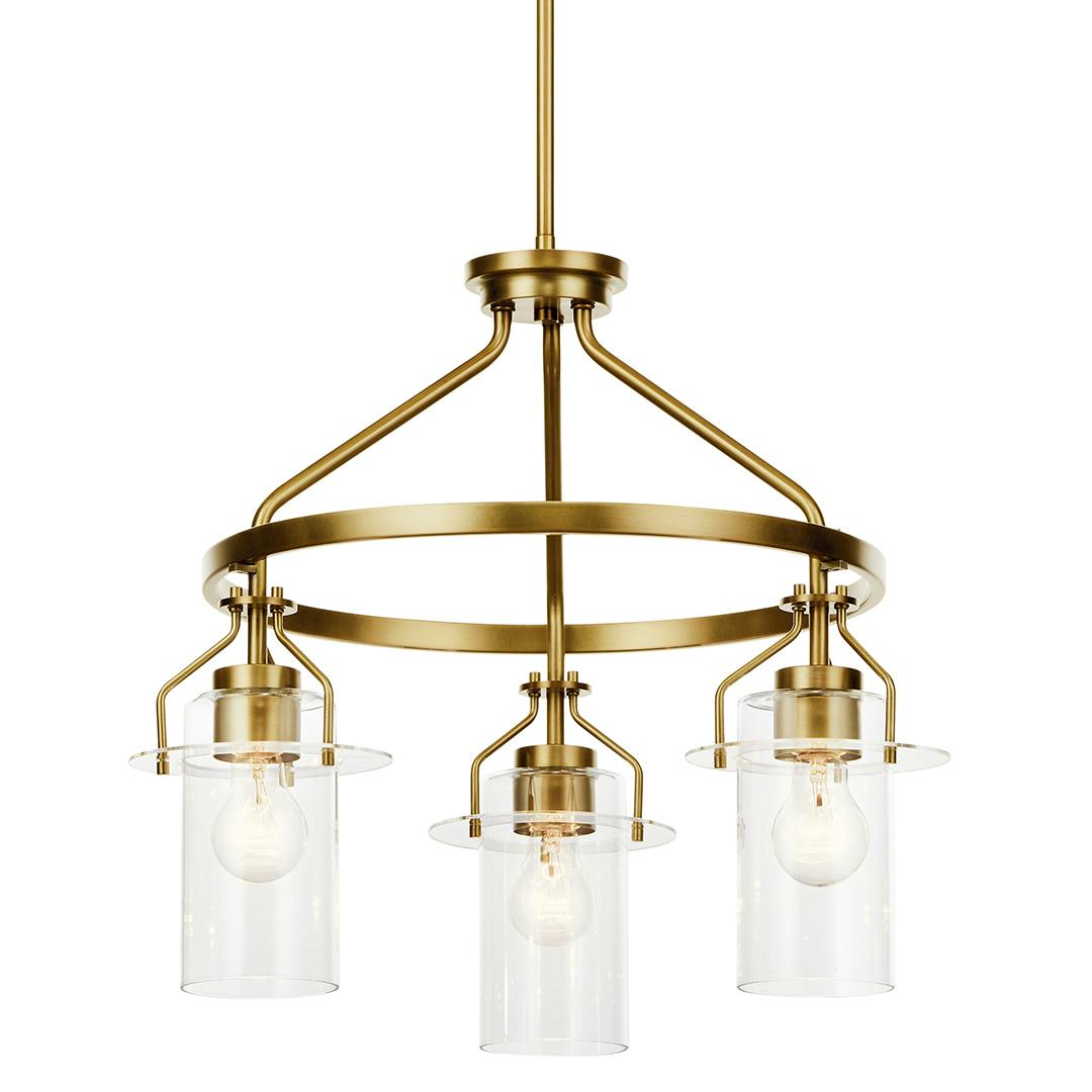 Everett 22.75 Inch 3 Light Round Chandelier with Clear Glass in Natural Brass on a white background