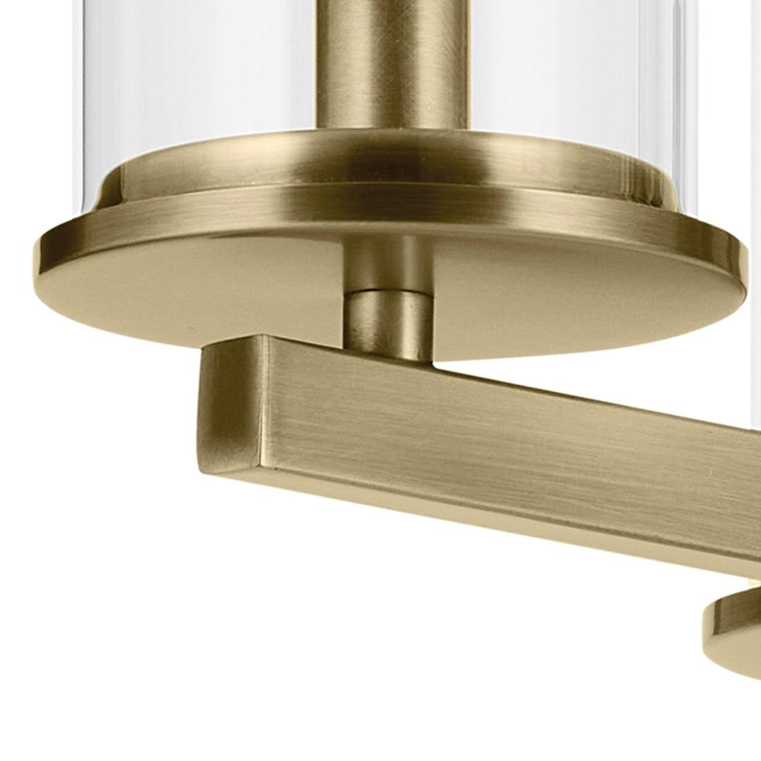 Close up view of the Crosby 14" 3-Light Convertible Semi Flush with Clear Glass in Natural Brass on a white background