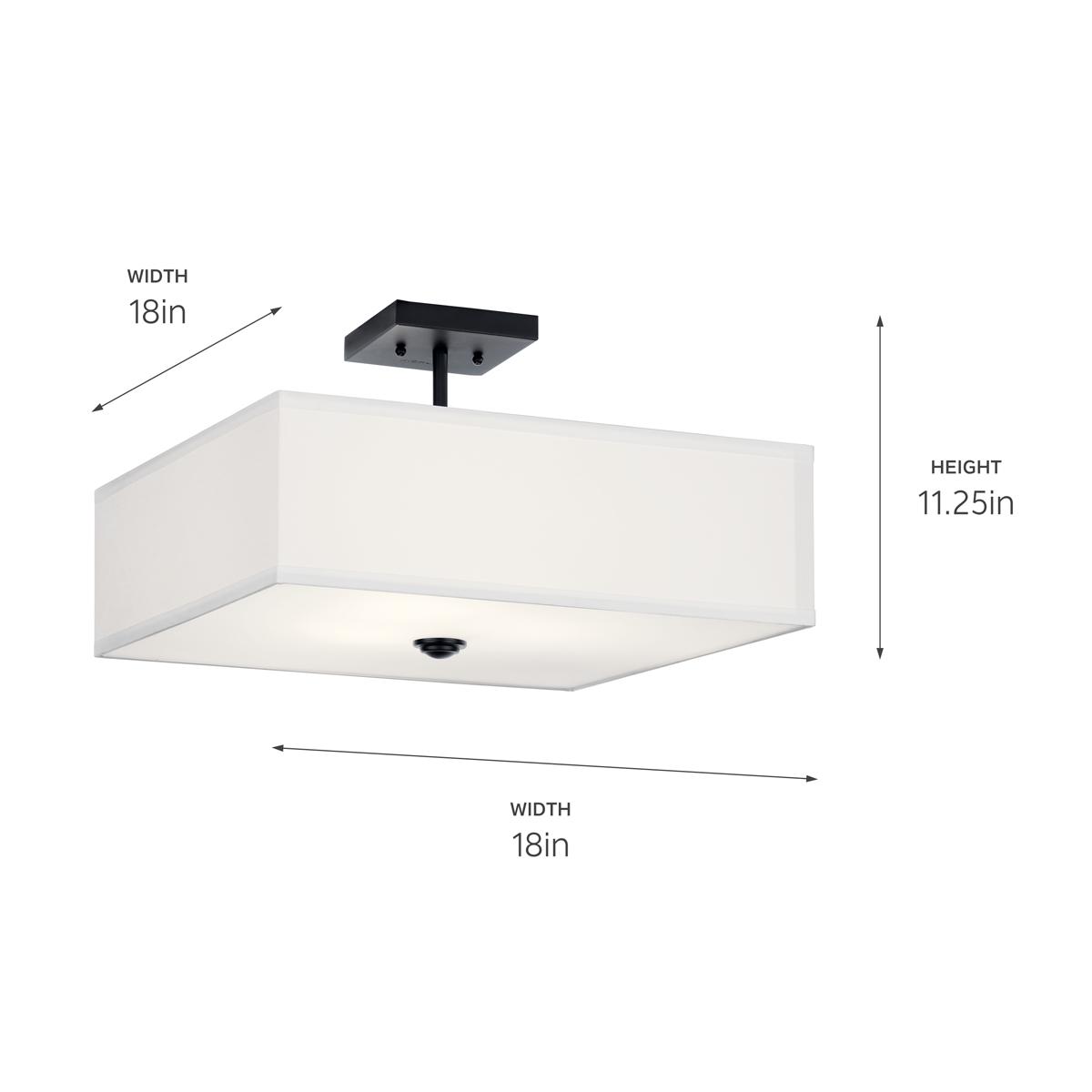 Shailene 18"  3 Light Semi Flush with Satin Etched White Diffuser and White Shade in Black with dimensions also in tech specs