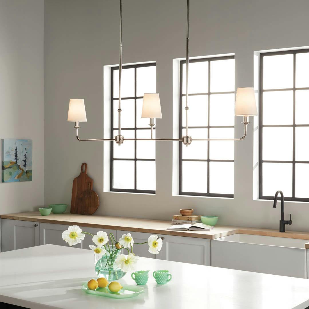 Day time kitchen with Pallas 48.25" 3 Light Linear Chandelier Polished Nickel