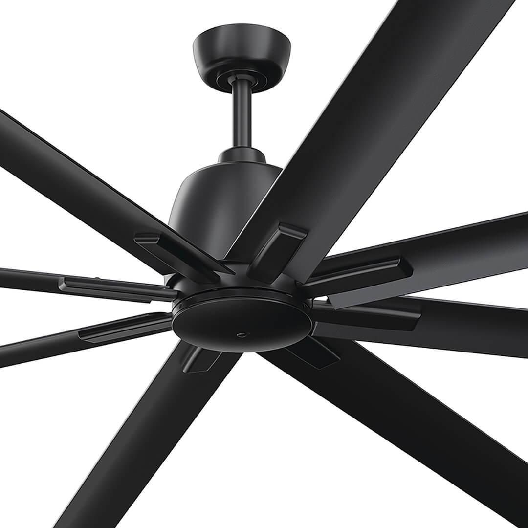 Close up of the 84" Breda 8 Blade Ceiling Fan in Brushed Nickel with Satin Black Blades on a white background