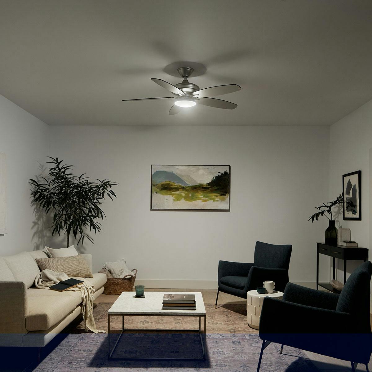 Night time living room featuring Renew ceiling fan 330163NI