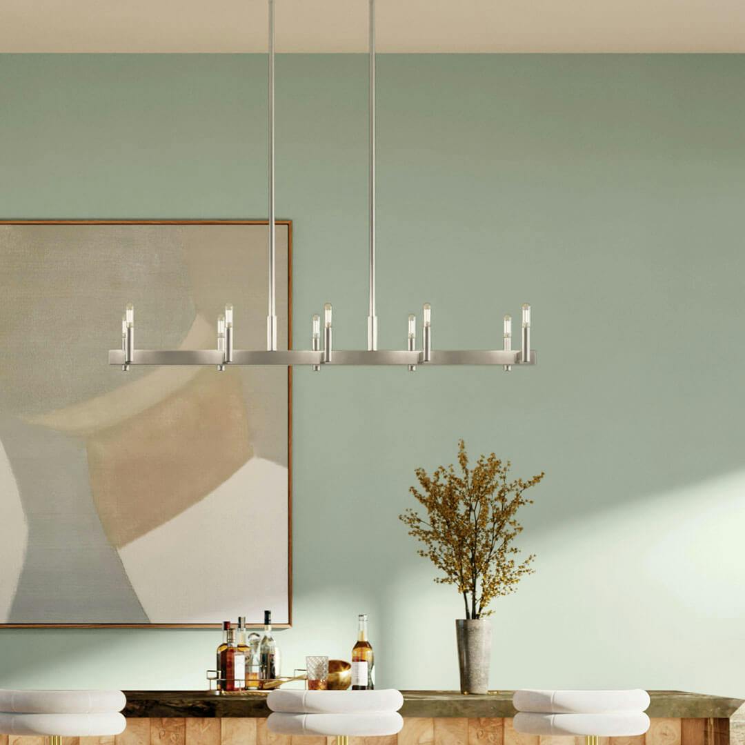 Bar in day light with the Erzo 50" 10 Light Linear Chandelier in Satin Nickel
