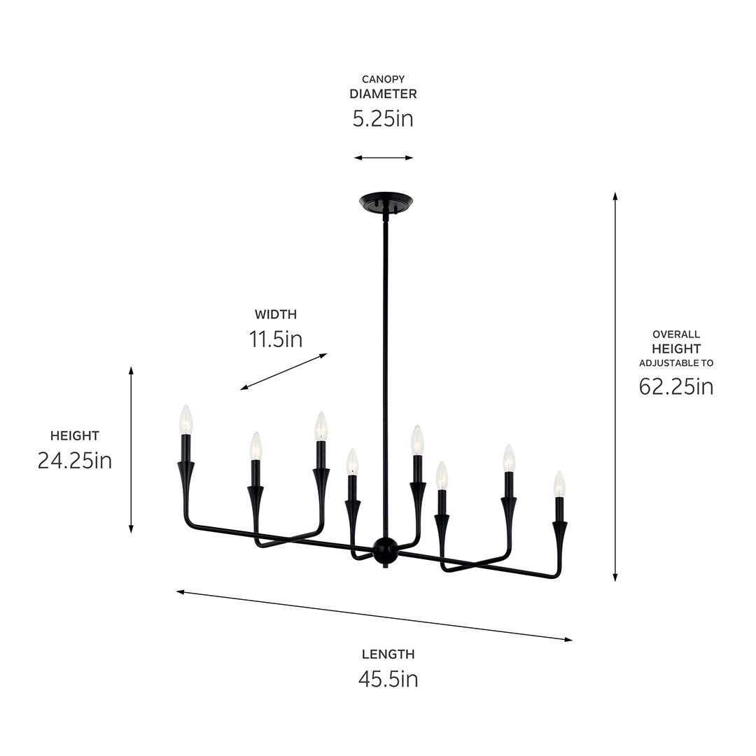 The Alvaro 45.5 Inch 8 Light Linear Chandelier in Blackwith dimensions on a white background