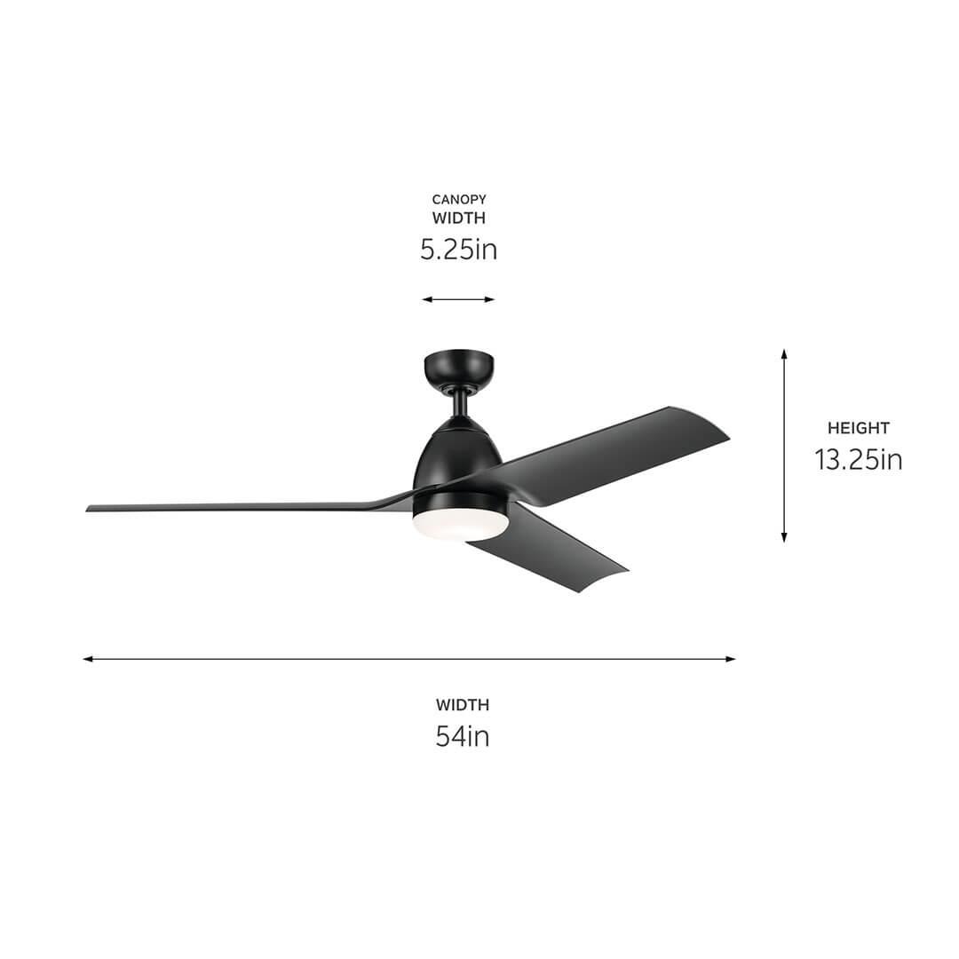 The 54 Inch Fit Ceiling Fan in Satin Black with Satin Black Blades on a white background with dimensions