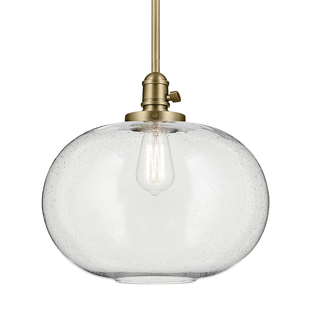 The Avery 14" 1-Light Globe Pendant with Clear Seeded Glass in Natural Brass on a white background