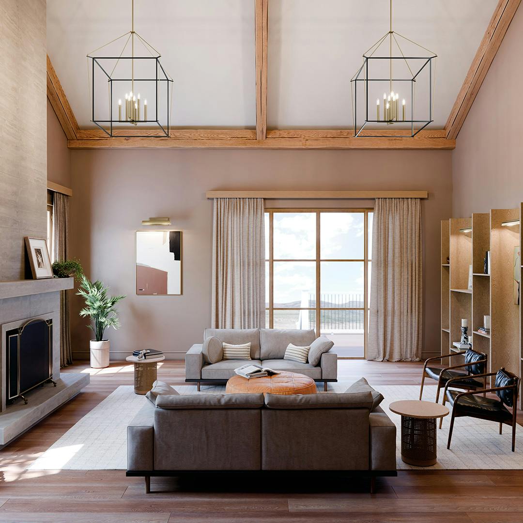 Day time living room featuring the Eisley 40.25 Inch 8 Light Foyer Pendant in Champagne Bronze and Black