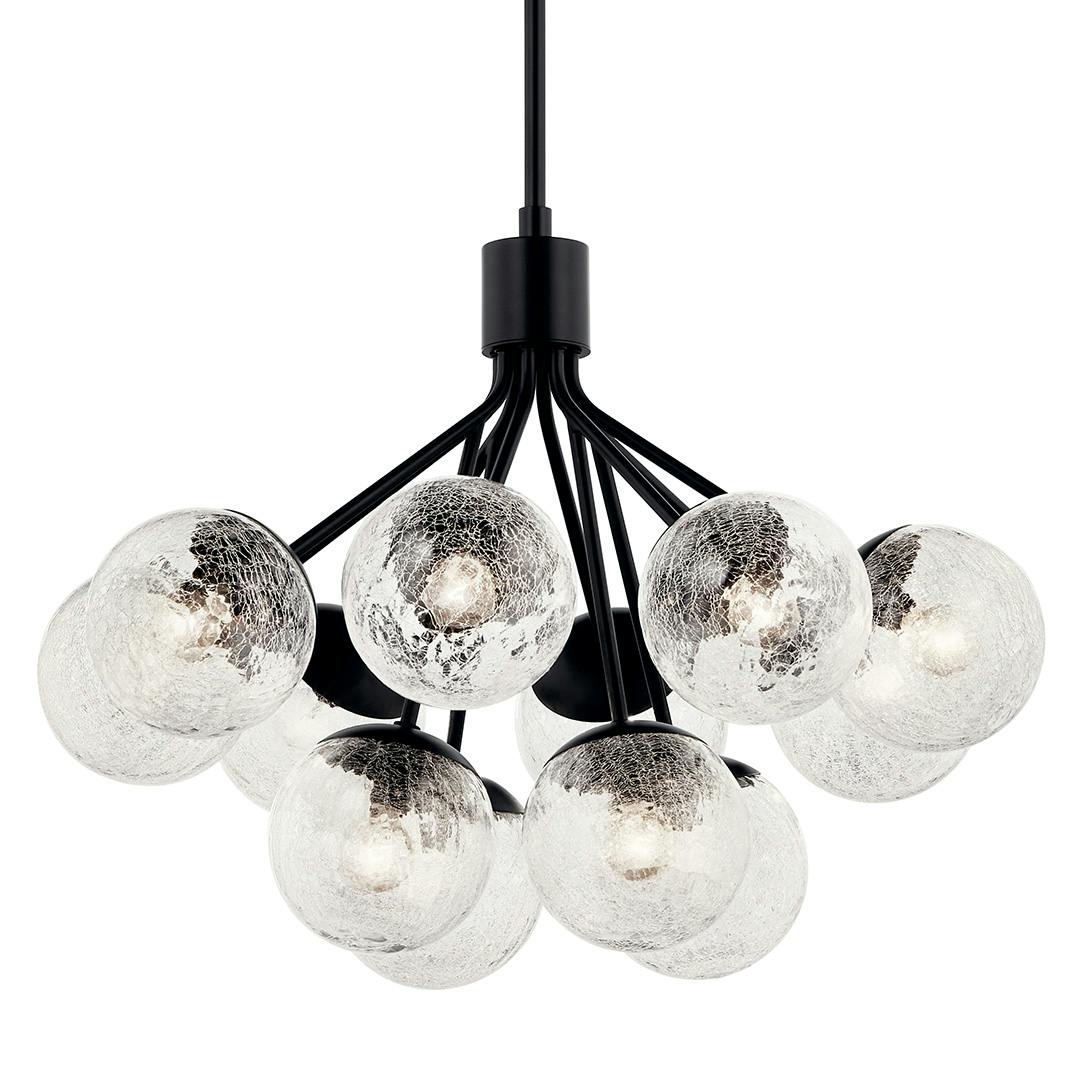 The Silvarious 30 Inch 12 Light Convertible Chandelier with Clear Crackled Glass in Black on a white background